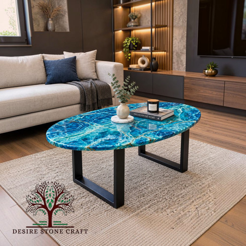 Oval blue onyx coffee table - oval,
